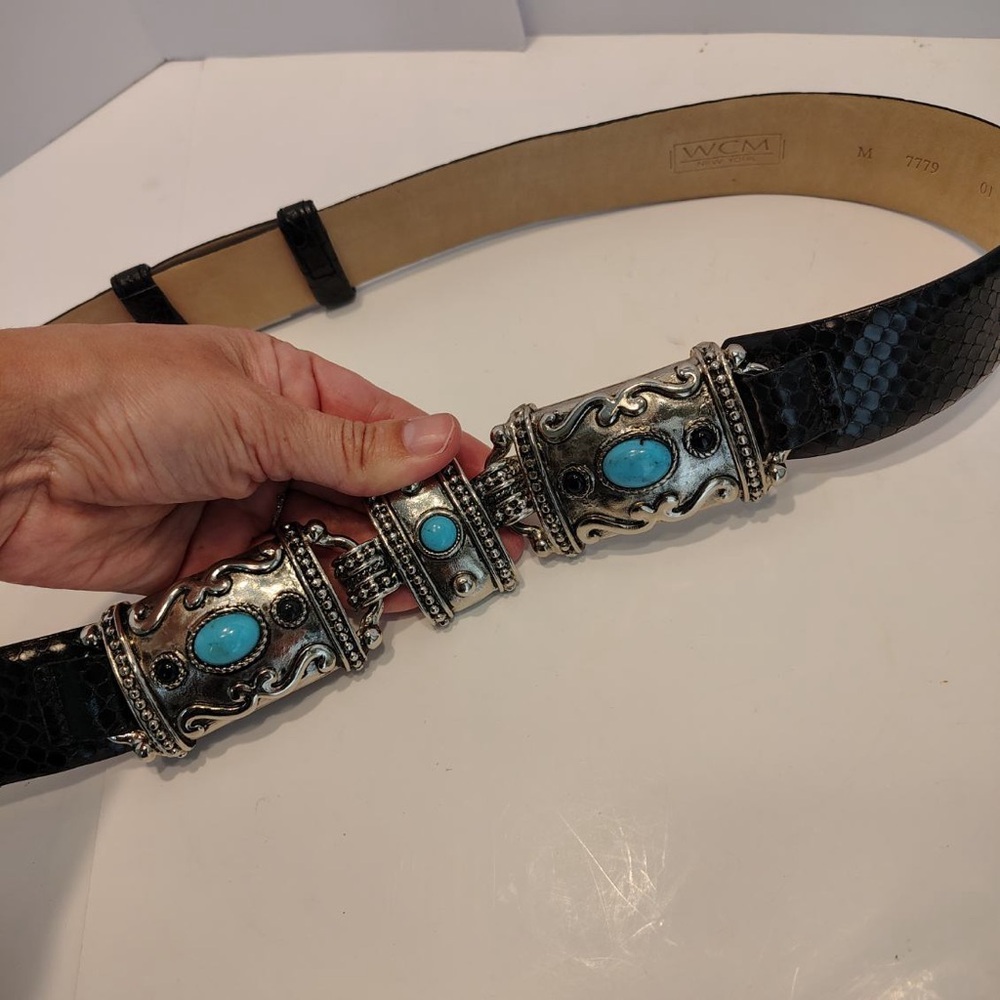 WCM New York ITALIAN Leather Luxury Black Belt Turquoise Western Women M - Picture 10 of 15